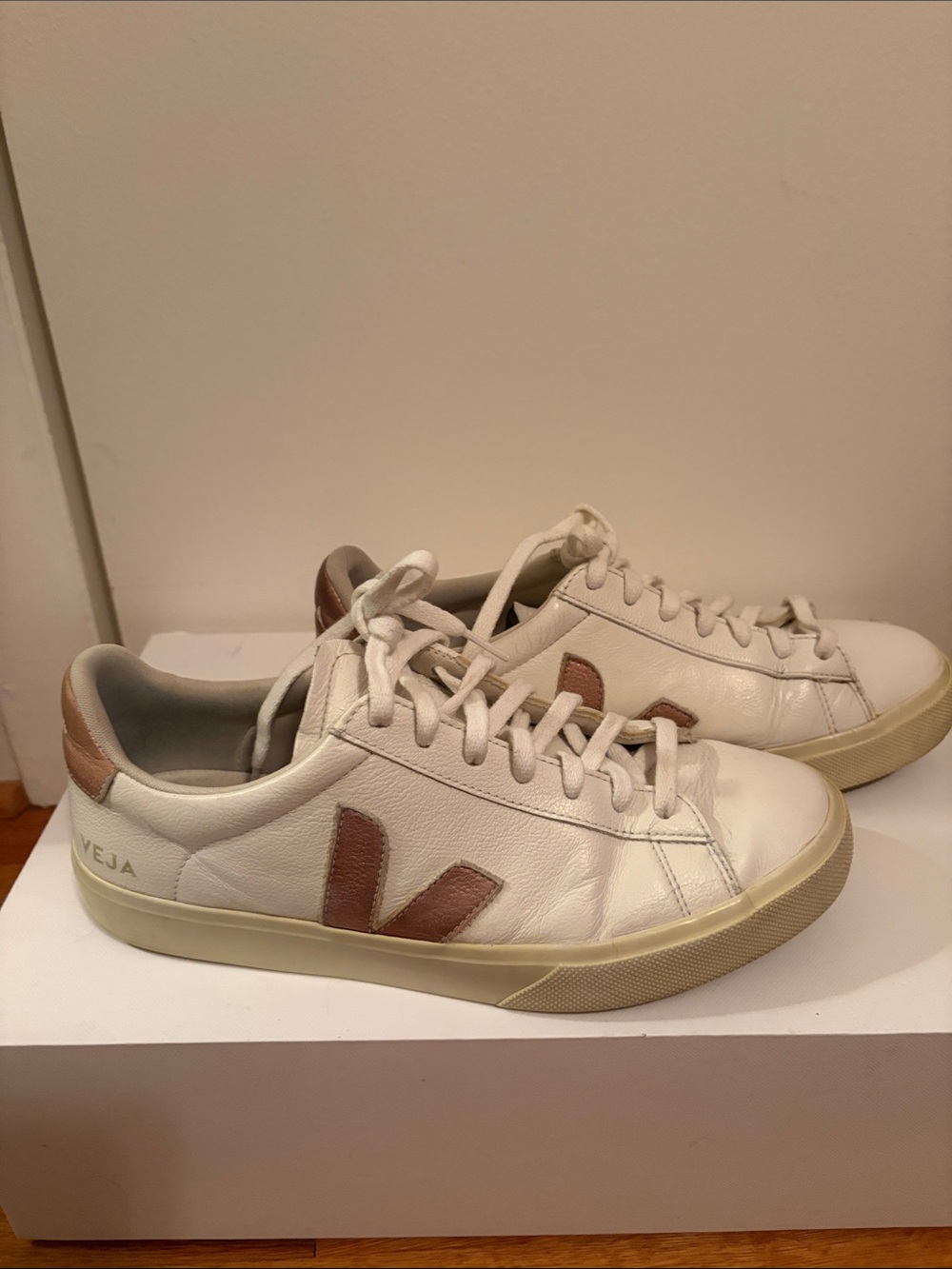 Veja White Leather Sneakers with Brown V Accent